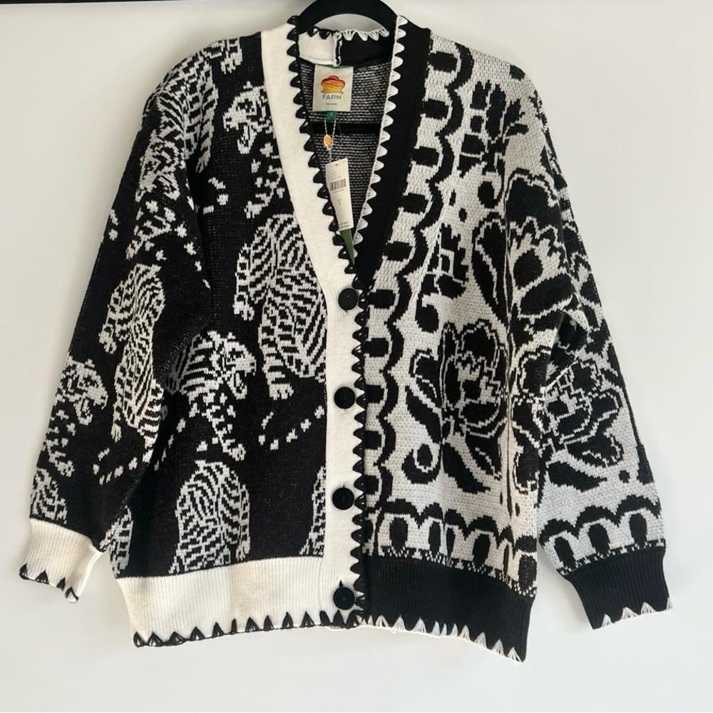 FARM Rio Black & White Mixed Striped Tigers Buttoned Knit Cardigan in Small NWT - Picture 4 of 13